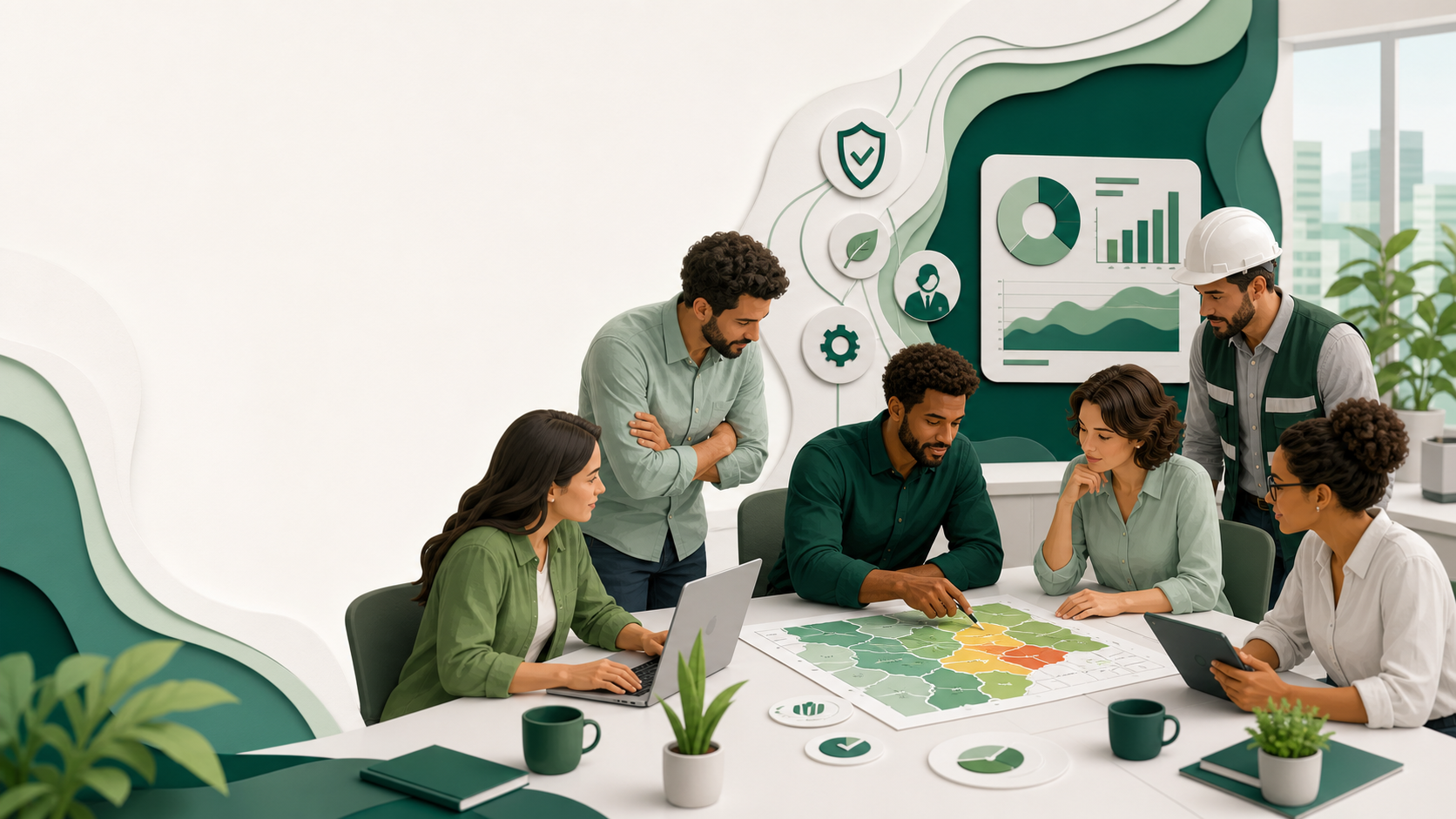 Equipe multidisciplinar analisando riscos ocupacionais em um ambiente de trabalho.