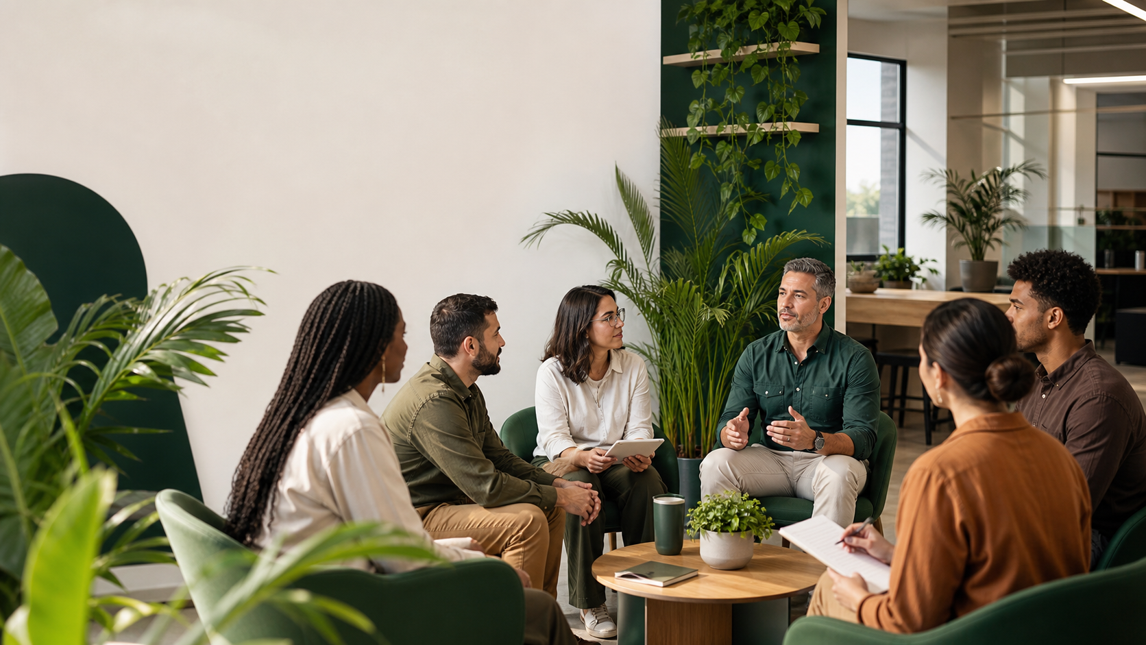 Equipe em conversa de trabalho voltada à prevenção de riscos psicossociais.