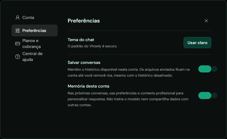 Preferências do Vhowly para tema, histórico e memória da conta