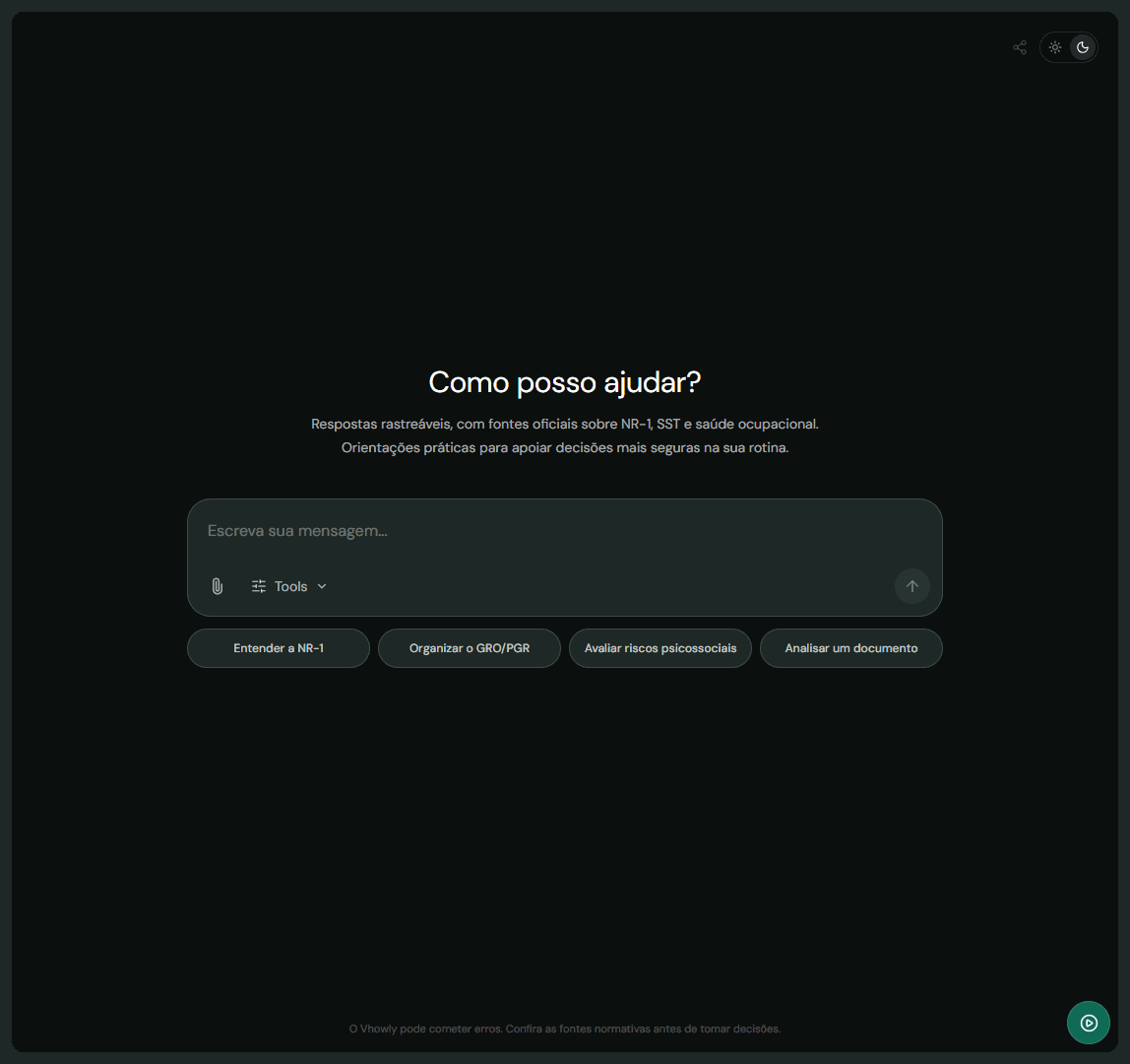 Área de conversa do Vhowly com campo de mensagem, anexos e sugestões