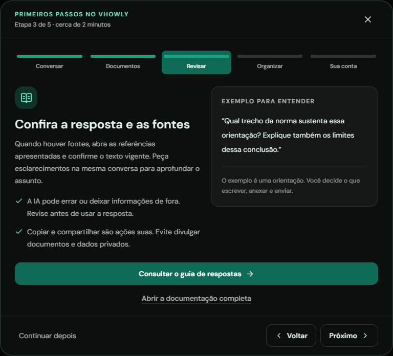 Etapa do guia do Vhowly que orienta a revisão das respostas e fontes