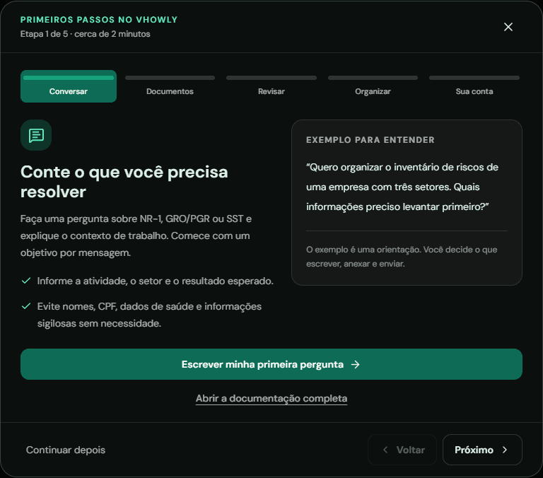 Primeira etapa do guia de cinco passos do Vhowly