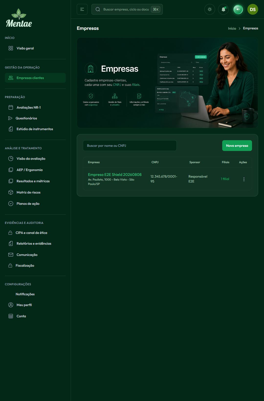 Tela real do cadastro de empresa, filial e trabalhadores no Shield