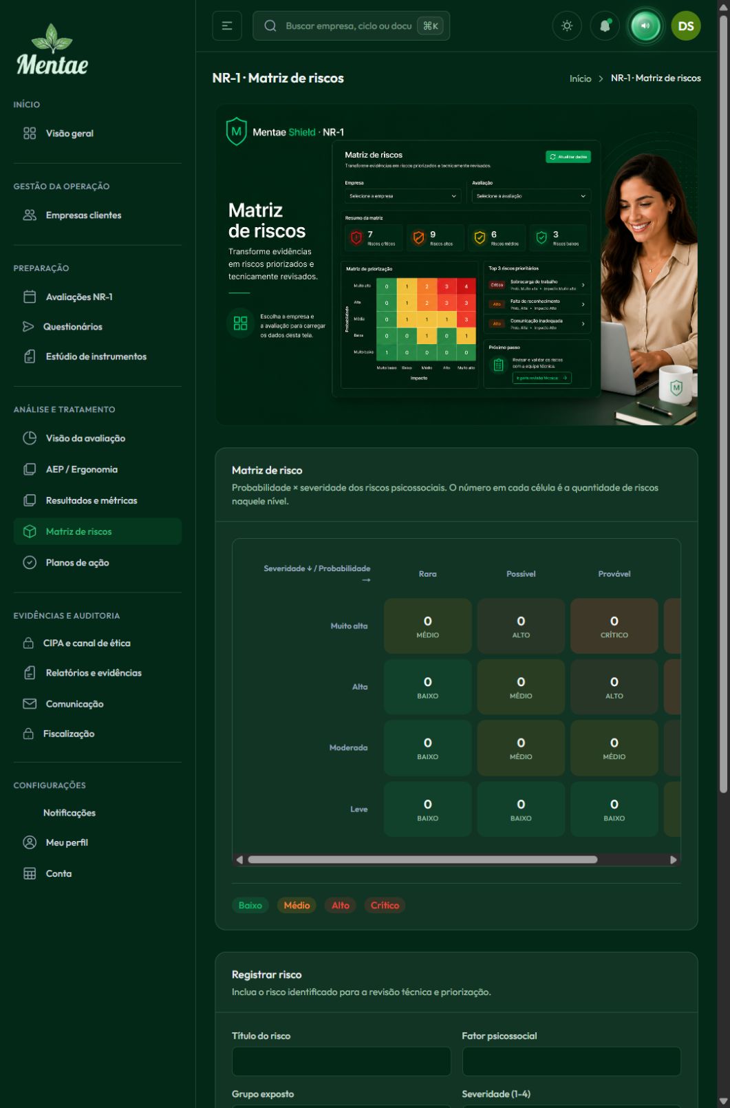Tela real de participação e matriz de riscos no Shield
