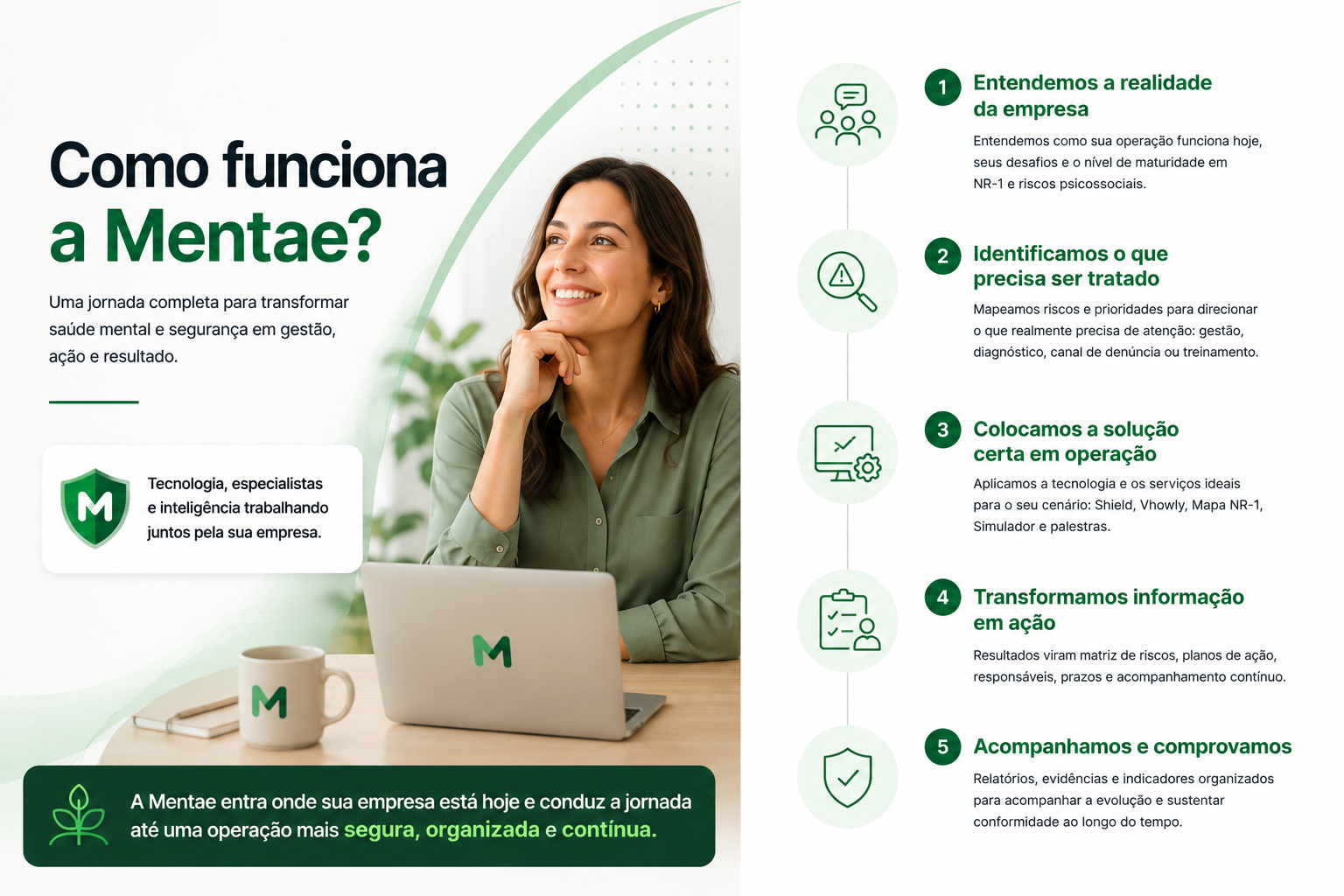 Como funciona a Mentae: uma jornada de entendimento, identificação, aplicação, transformação e acompanhamento.