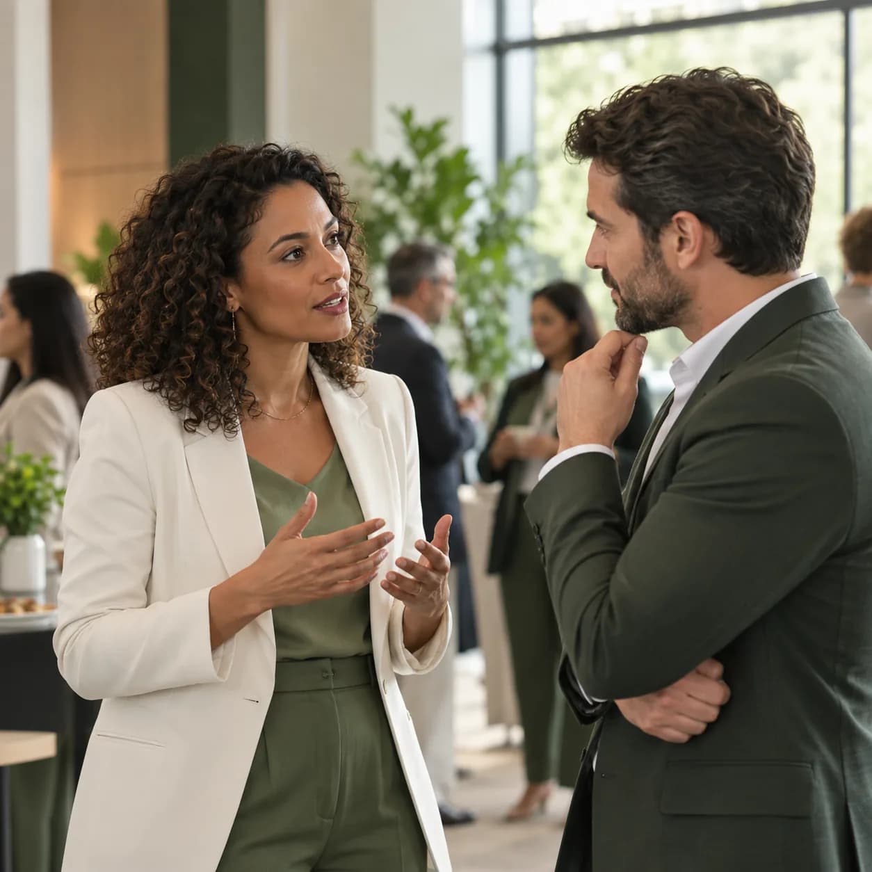 Lideranças conversando com atenção em um ambiente corporativo