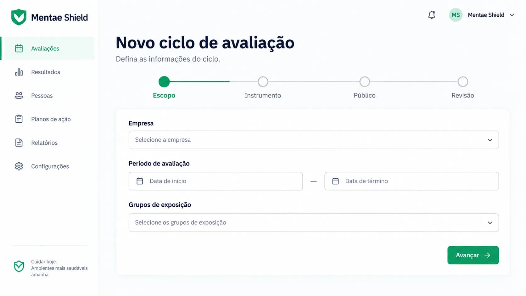 Tela de novo ciclo de avaliação do Mentae Shield